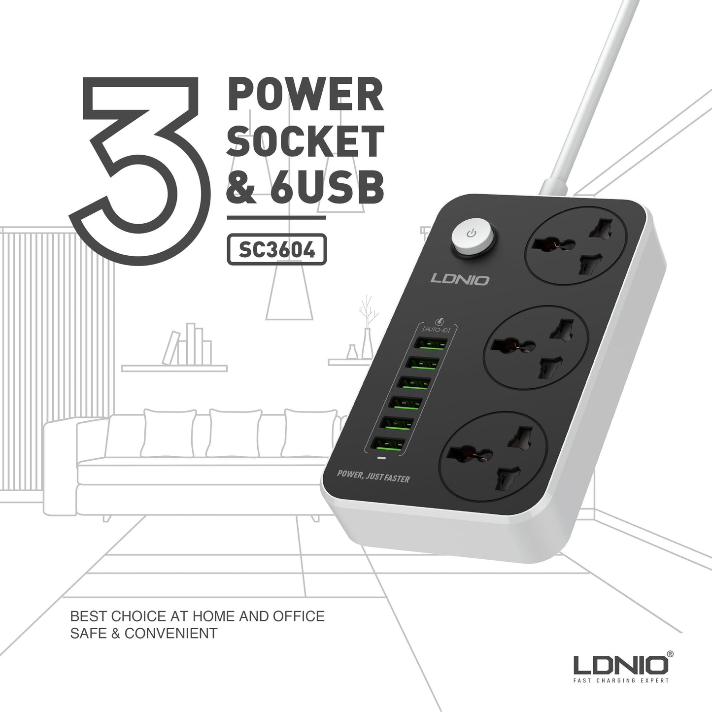 LDNIO Socket with 6 USB Ports and 3 Universal Outlets